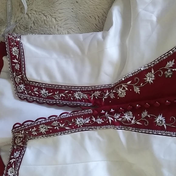 SOLD. Alfred Angelo Beaded Satin Wedding Gown with Red Trim - Picture 8 of 17